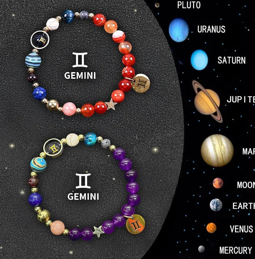 Two natural stone beaded bracelets featuring zodiac sign designs on a dark background.