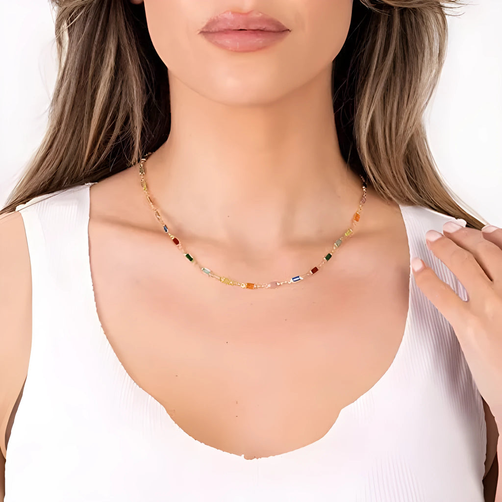 Ladies geometric crystal necklace with glass colour glaze pendant on electroplated alloy chain