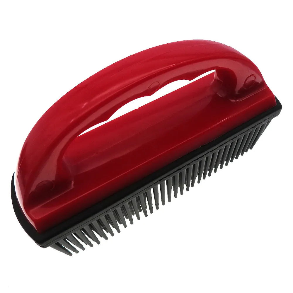 Red pet hair removal brush for bath grooming and carpet cleaning measuring 160mm by 85mm