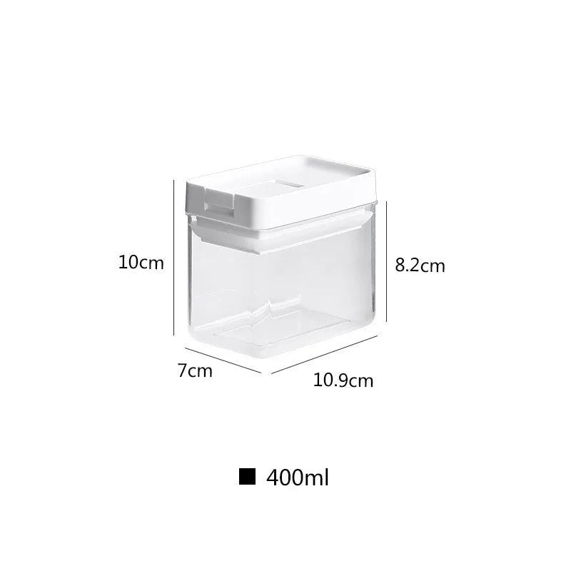 White transparent plastic storage tank for grains with lid measuring 10.9x10x7cm