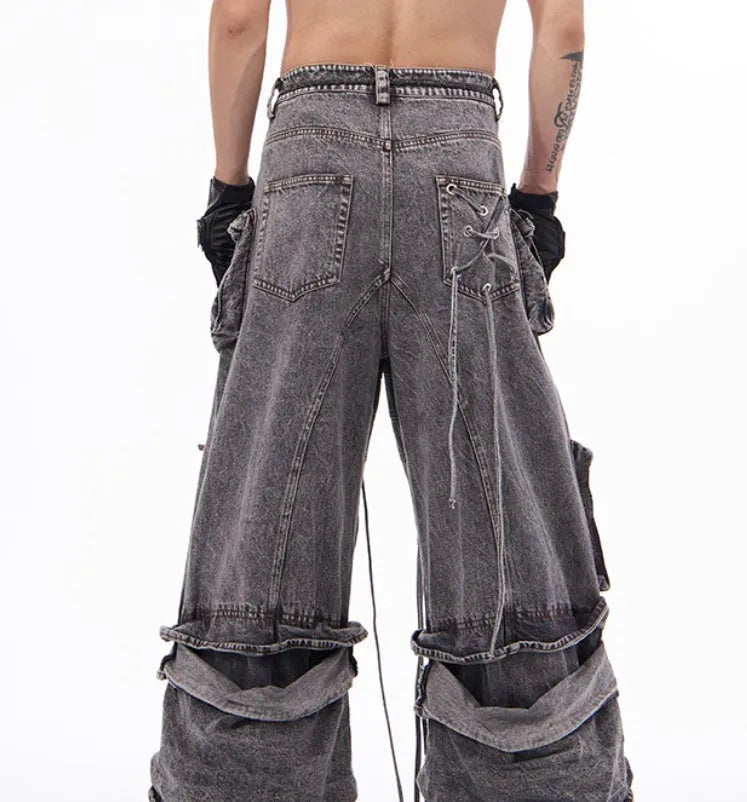 Grey distressed denim men's overalls with rope stitching detail on the front