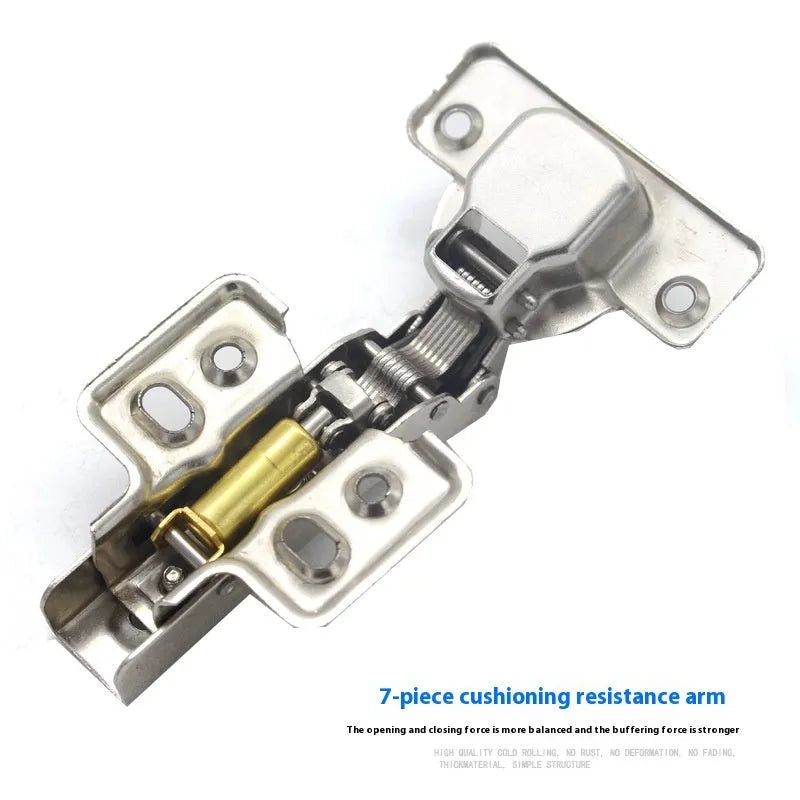 Nickel-plated cold rolled steel hydraulic hinge for cabinet doors with damping mechanism.