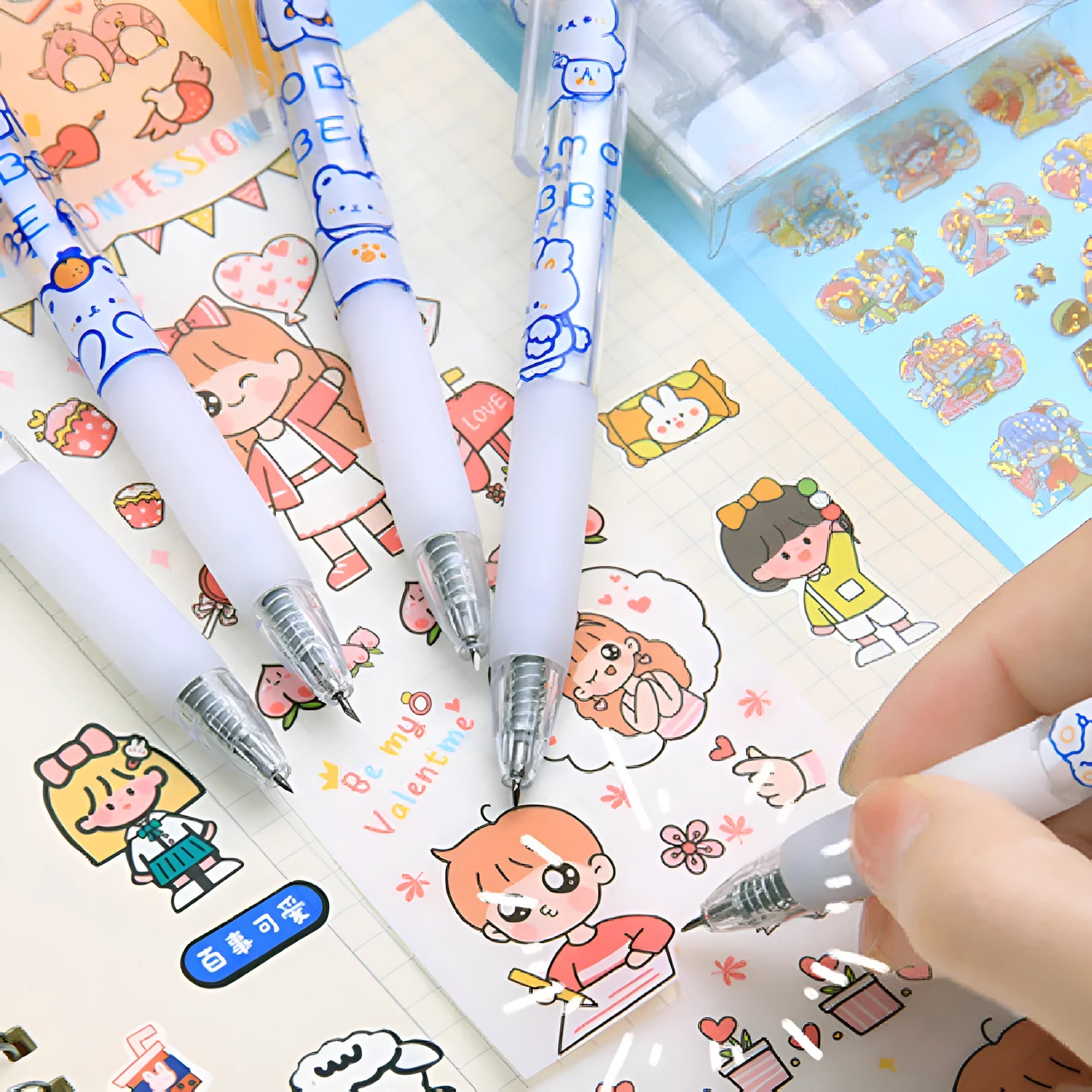 Six assorted bear and rabbit design press pen knives with plastic and metal construction