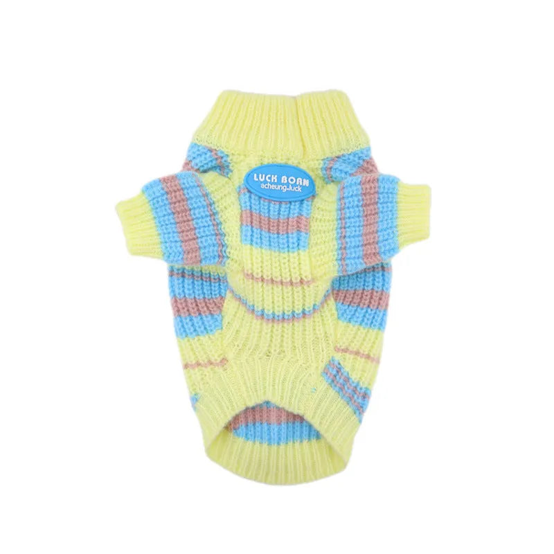 Blue and yellow striped wool dog sweater for small breeds in size L