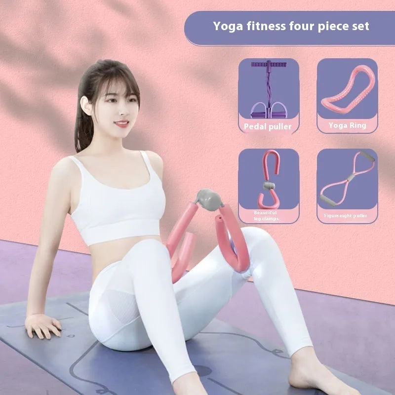 Yoga four-piece fitness set with leg stretching device, yoga ring, pedal tensioner and figure-eight rope