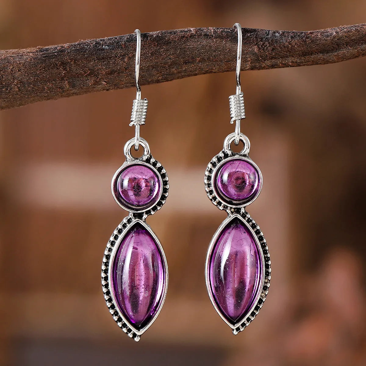 Vintage black and purple gemstone pendant earrings with geometric round design on zinc alloy