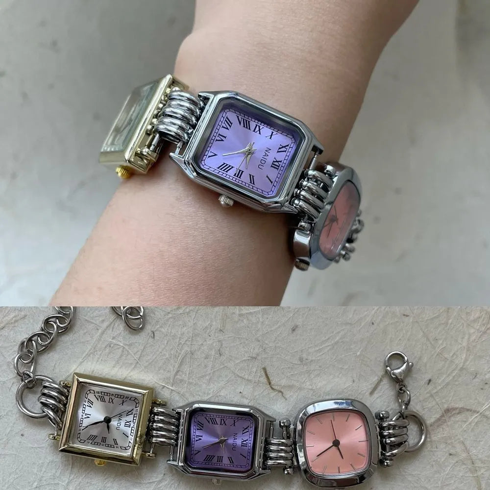 Vintage punk style purple watch for men with retro analogue clock face and bracelet strap