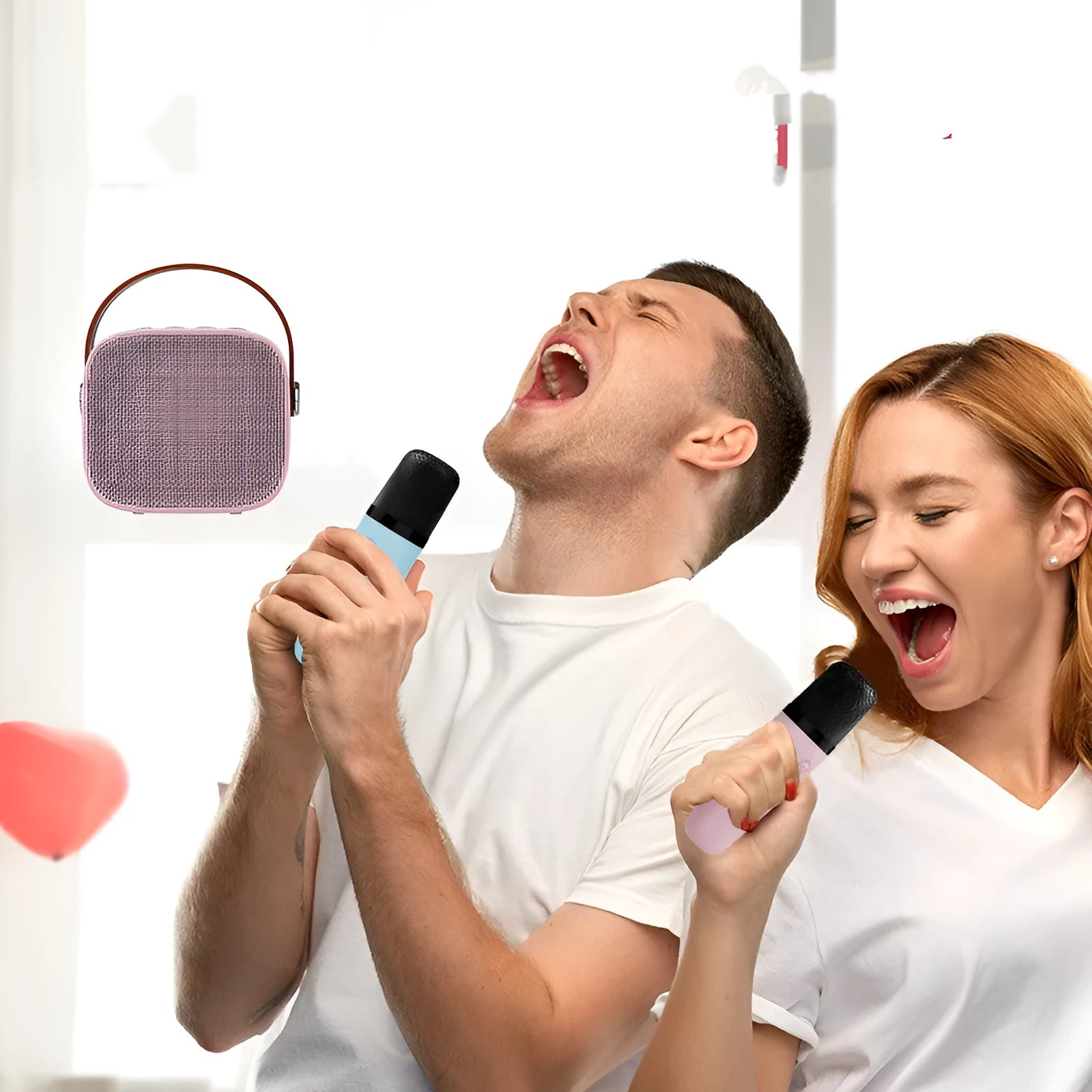 Compact portable Bluetooth speaker with microphone in white pink or blue plastic shell
