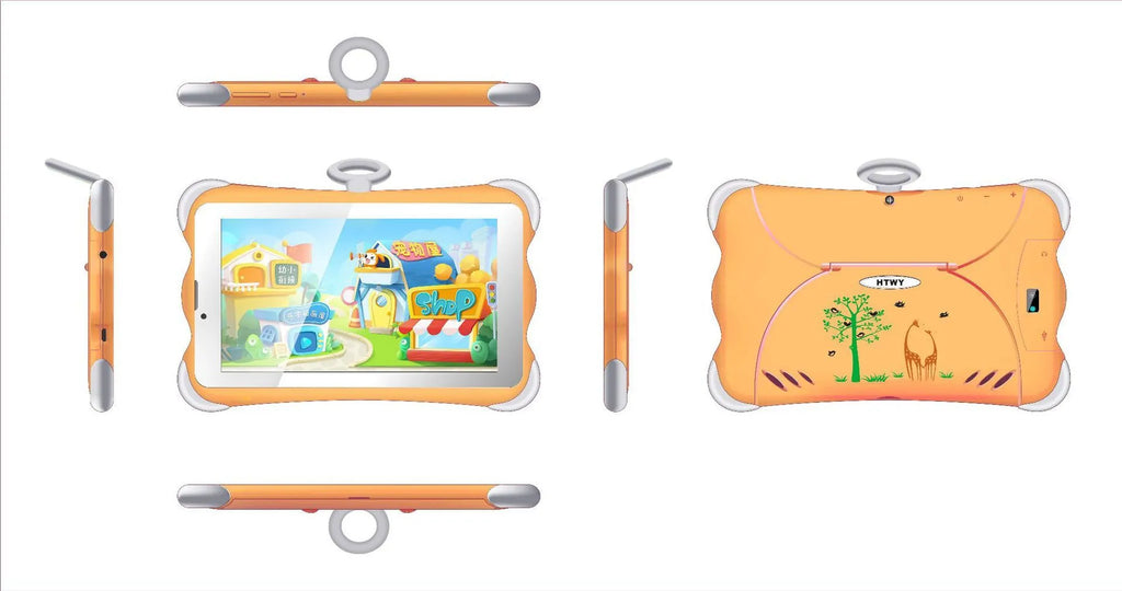 7-inch children's learning tablet in cartoon colours with stand, showing 3G calling and Bluetooth features