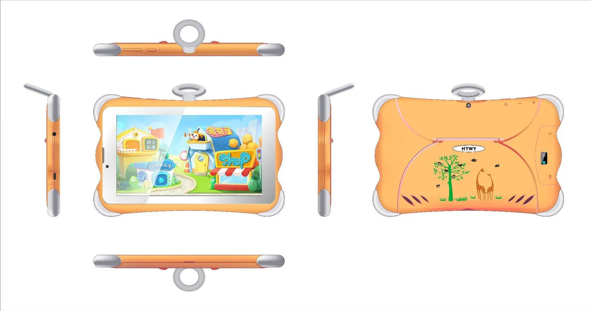 7-inch children's learning tablet in cartoon colours with stand, showing 3G calling and Bluetooth features