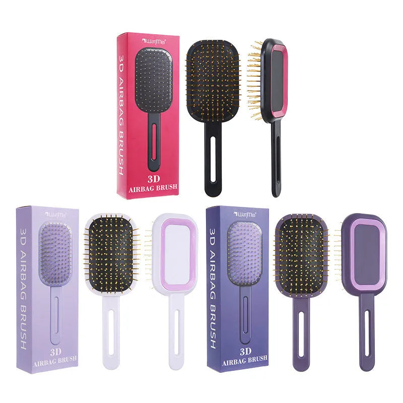 3D air cushion comb with steel needles in black handle pink ring, boxed packaging, over 20cm length