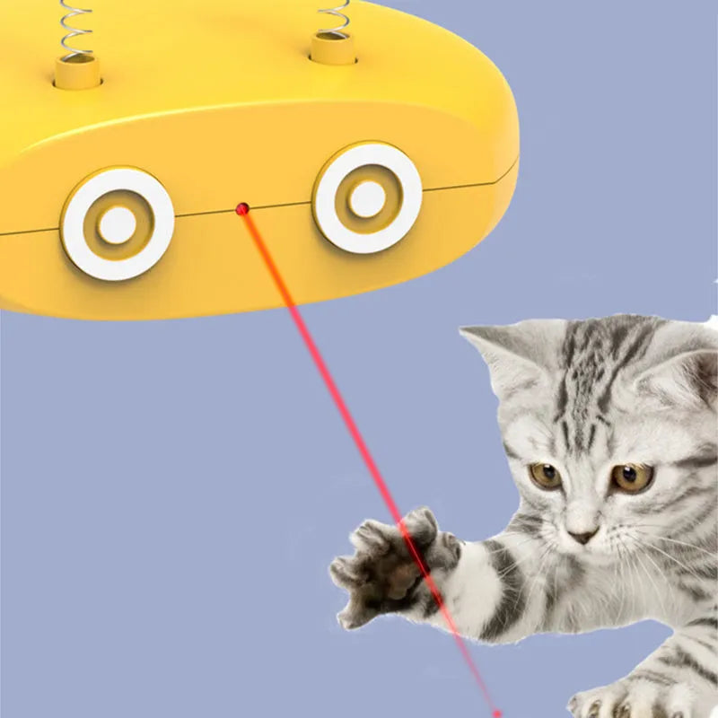 Electric robot cat toy with USB charging, feather stick, and laser in blue grey and yellow