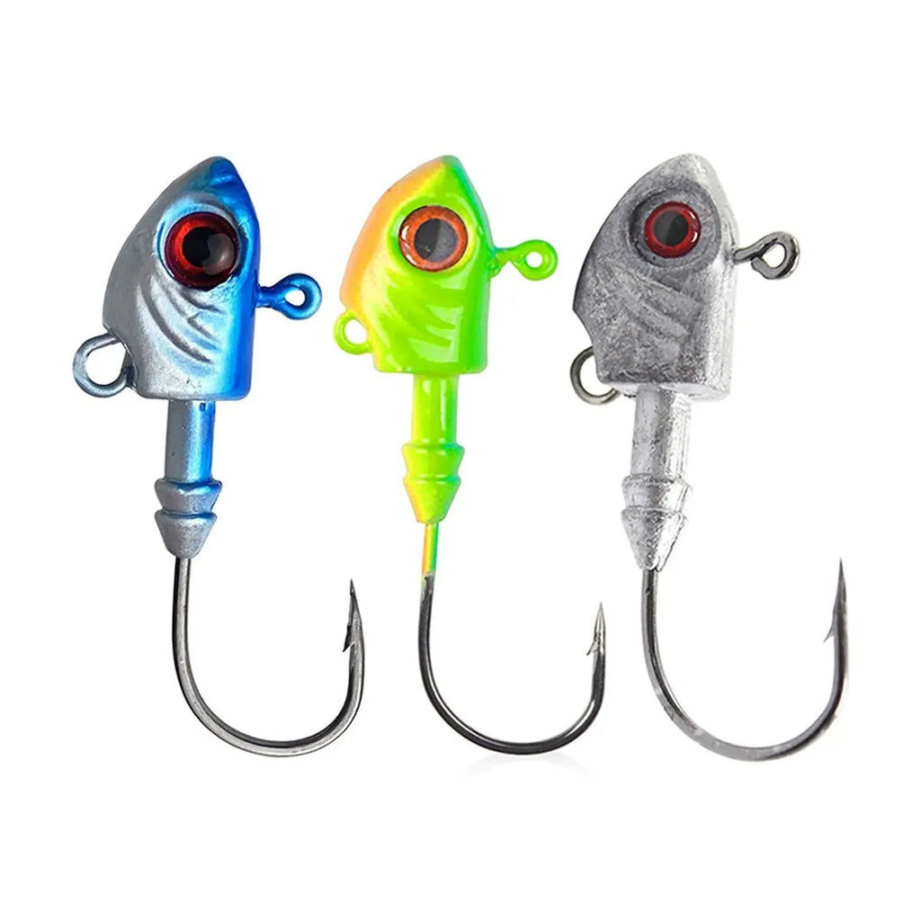 Yayu-shaped lead head fishing hooks in blue, sliver, and yellow, showing various weights from 3.5g to 28g.
