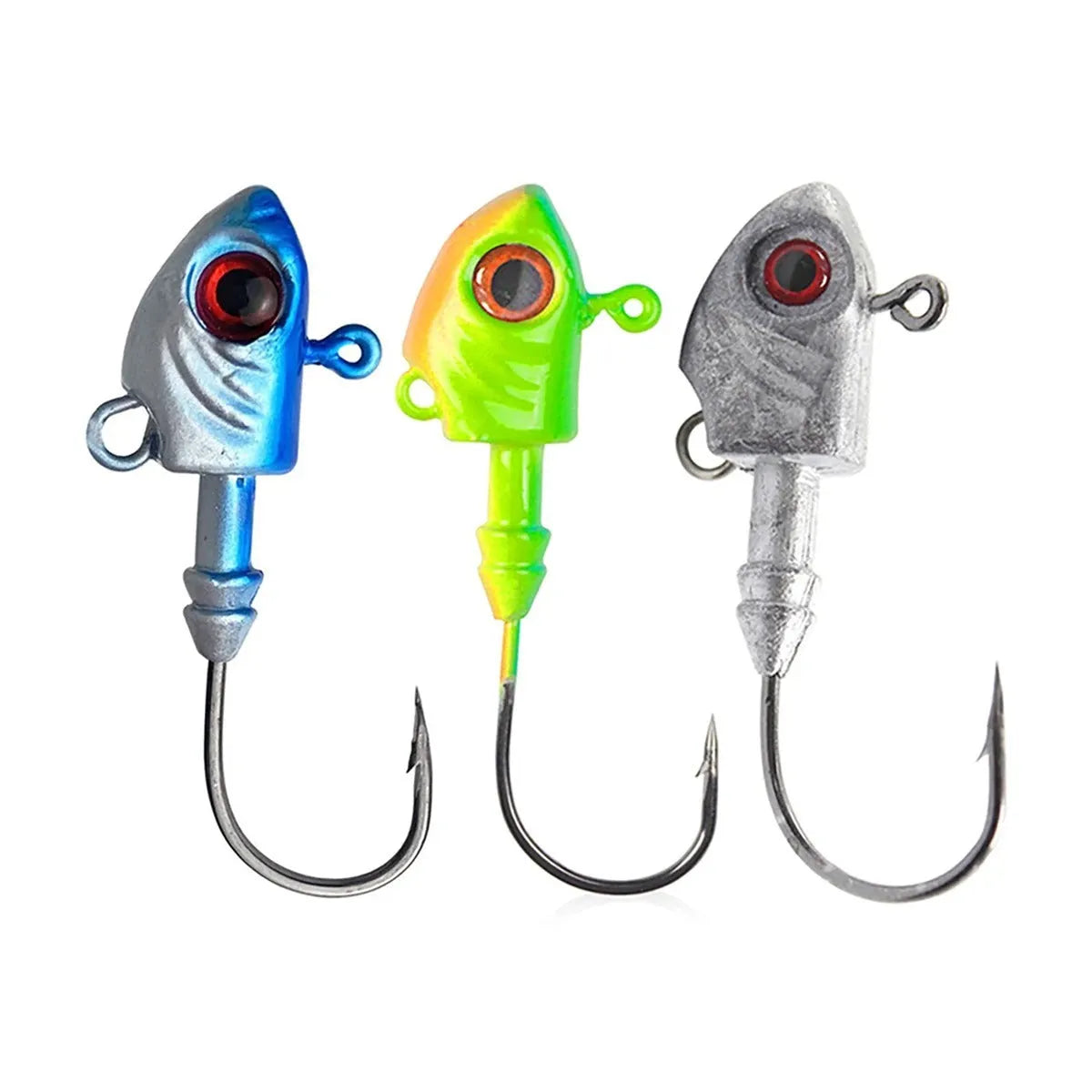 Yayu-shaped lead head fishing hooks in blue, sliver, and yellow, showing various weights from 3.5g to 28g.