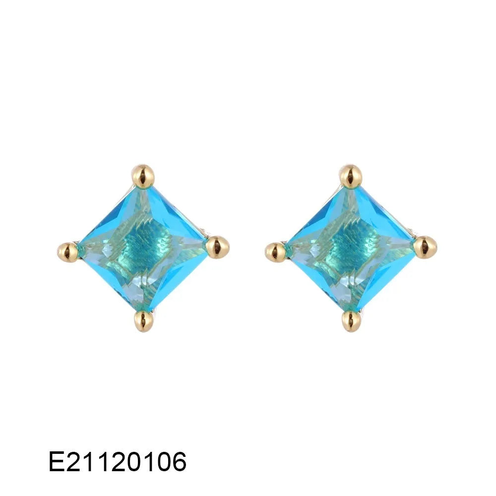 Brass gold-plated drop earrings with pear-shaped candy-coloured zircon stones on copper base