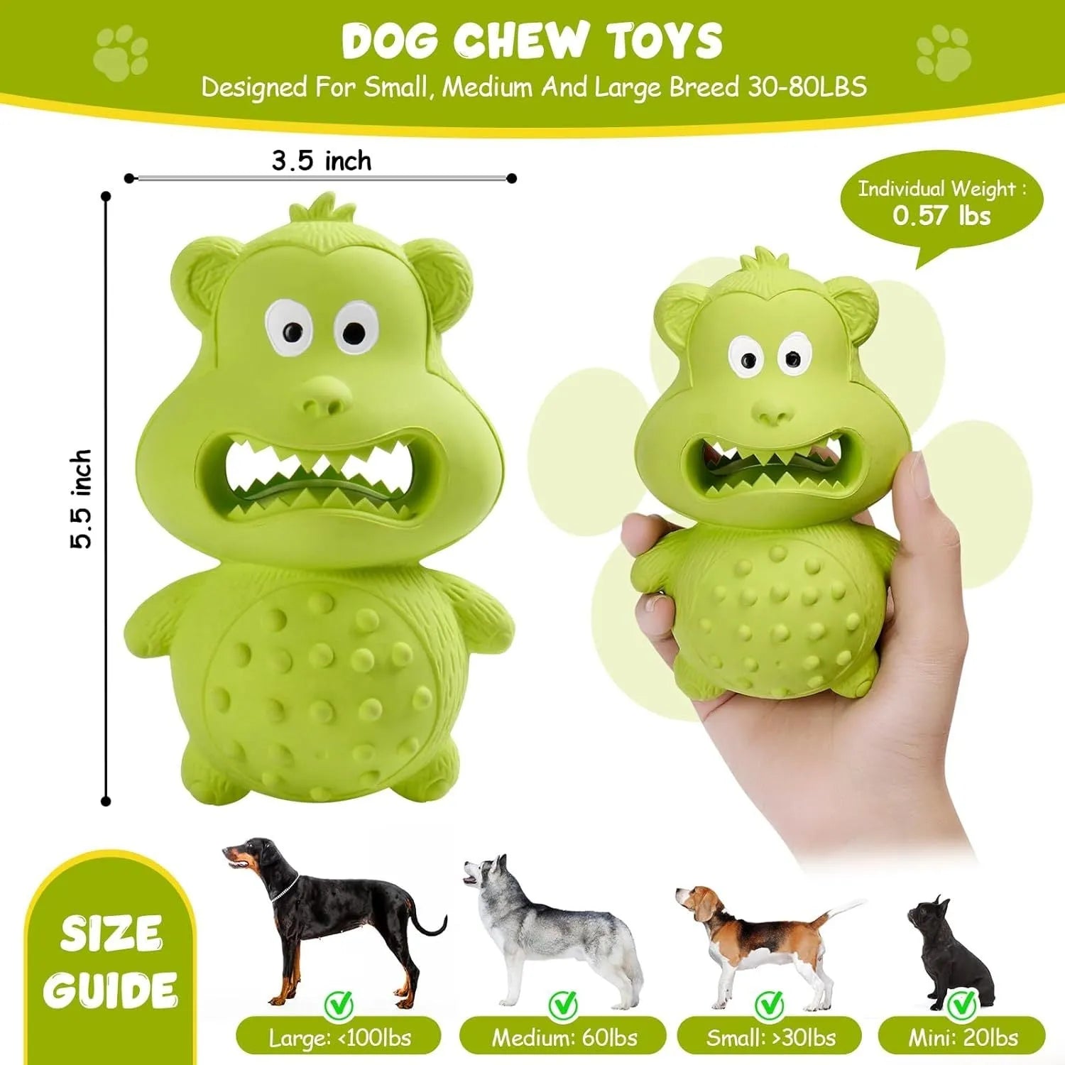 Green and yellow natural rubber dog chew toy for aggressive chewers