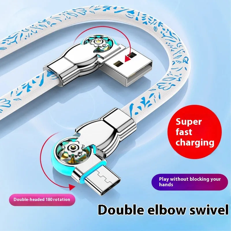 Blue and white porcelain printed woven fast charge data cable with double bend rotating design in 1m length