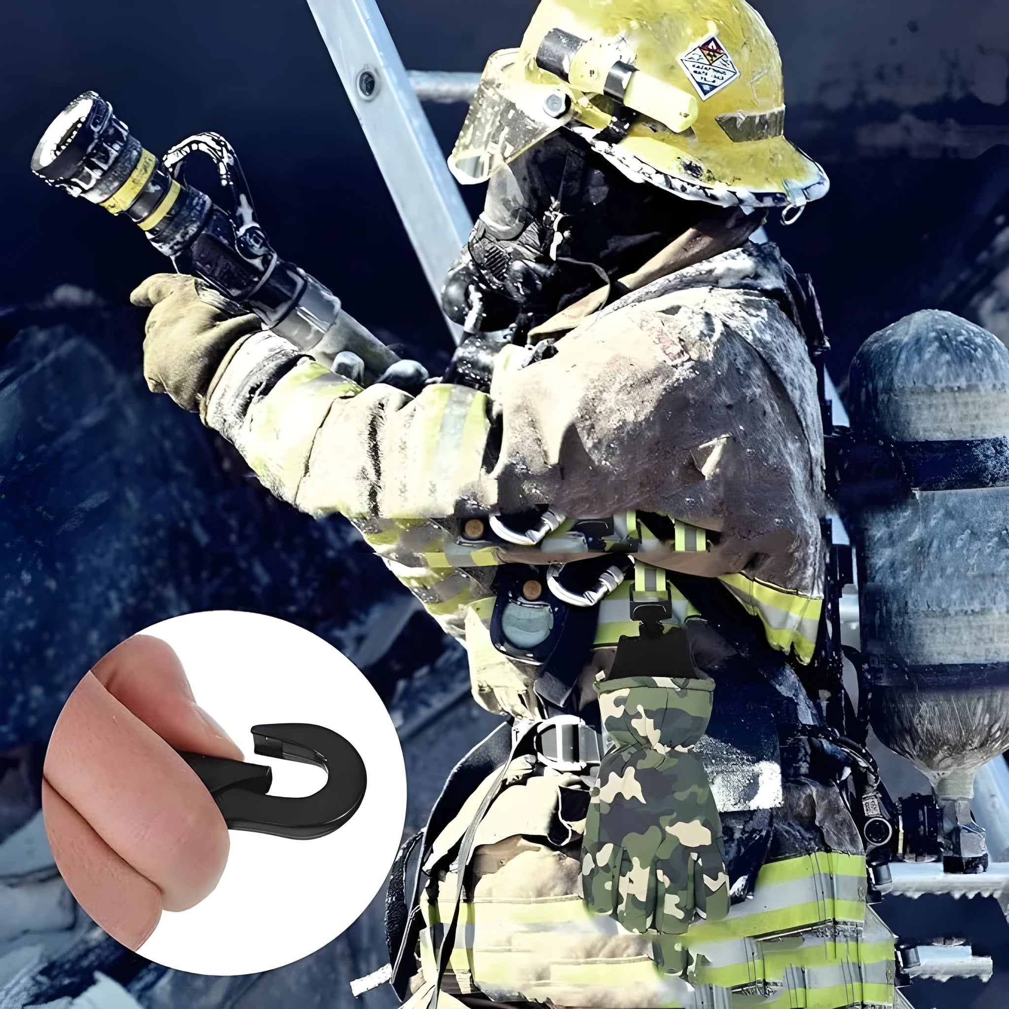 Fluorescent green reflective metal buckle clip for securing fireman gloves.