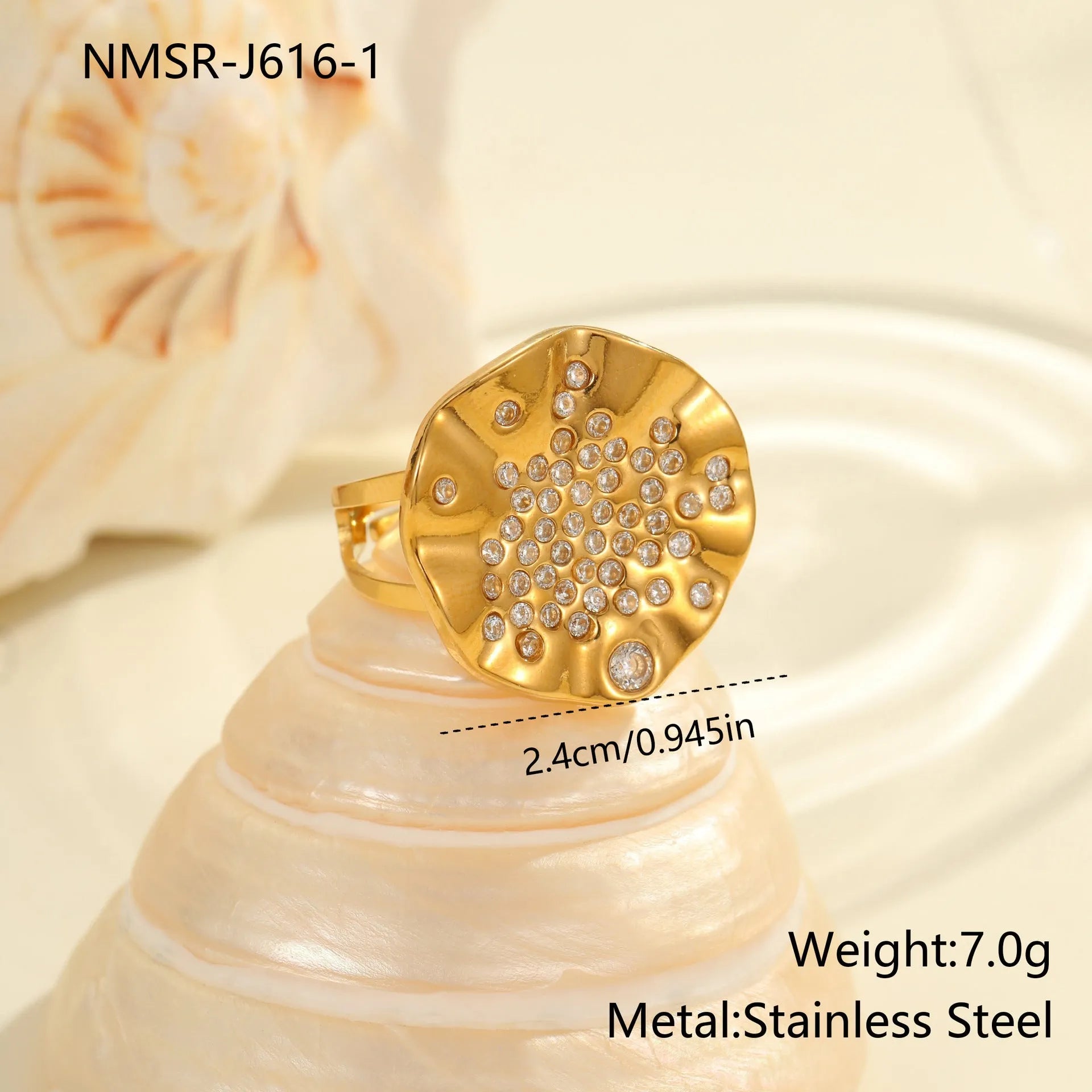 Geometric stainless steel open mouth ring with pleated inlaid design and crystal accents