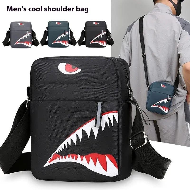 Men's small black Oxford cloth crossbody bag with animal pattern print