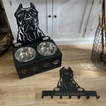 Personalised dog bowl holder with stainless steel dish on iron base, custom name engraved