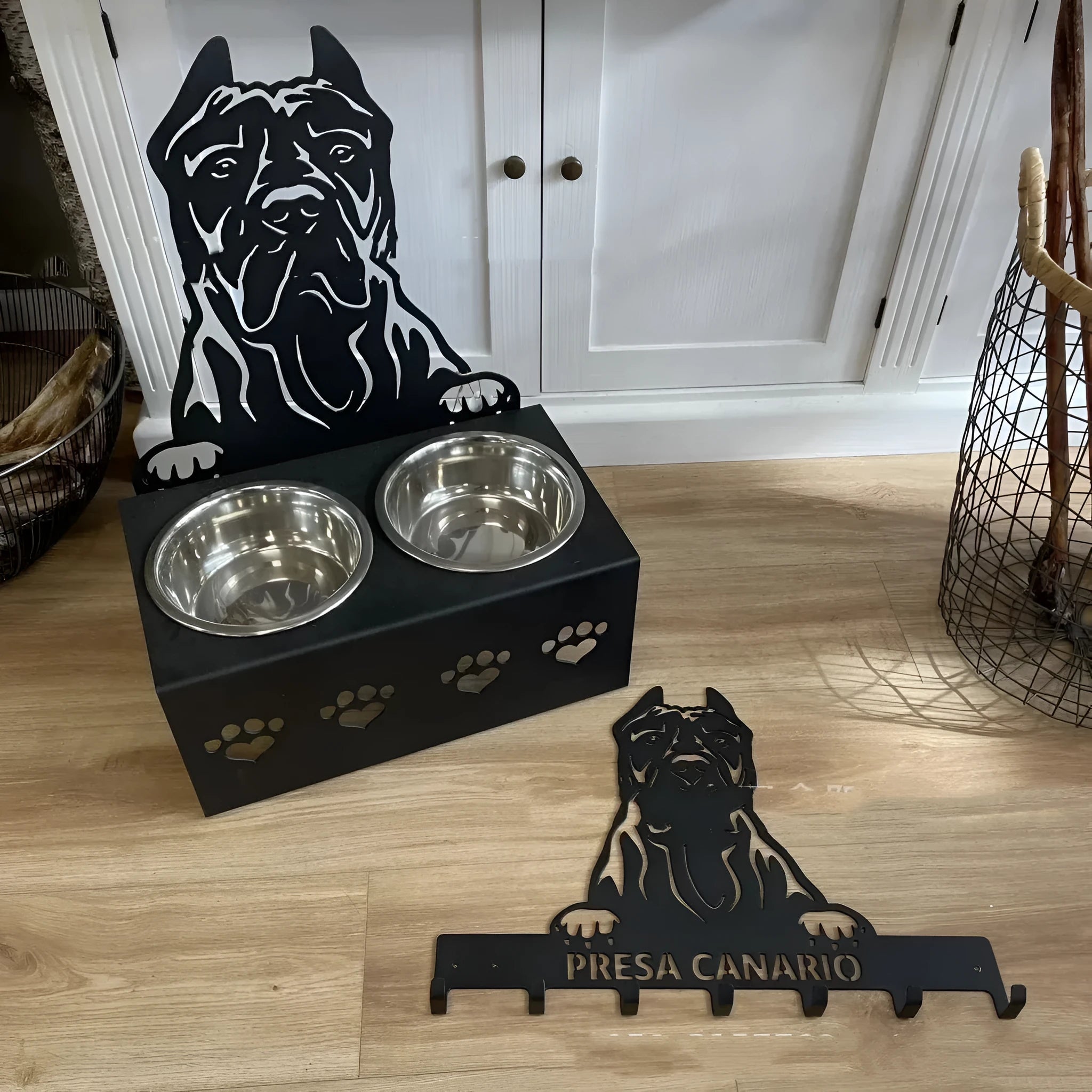 Personalised dog bowl holder with stainless steel dish on iron base, custom name engraved
