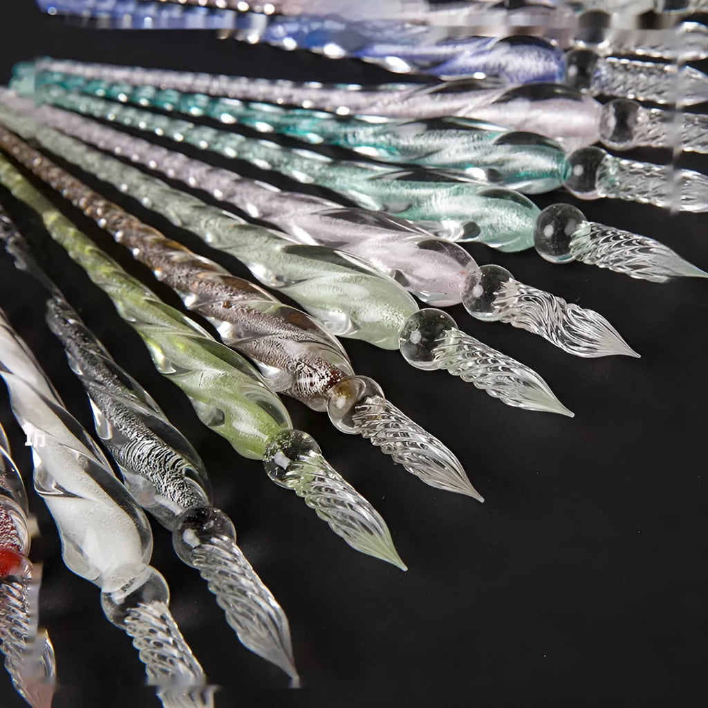 Crystal glass pen with coloured glaze dip art decoration showing transparent ink chamber
