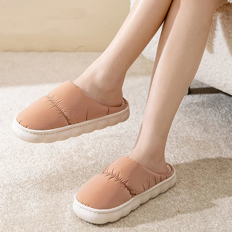 Down cotton slippers with artificial leather upper and thick rubber soles in multiple colour options