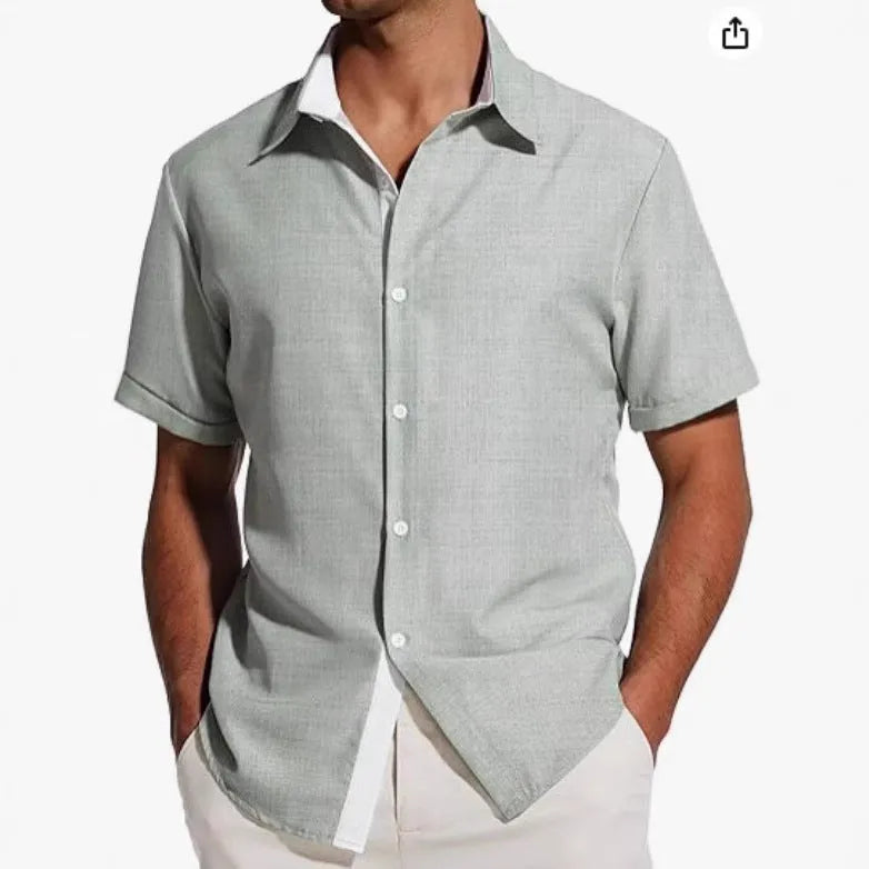 Men's short-sleeved floral print polyester shirt in grey, shown in a regular fit.