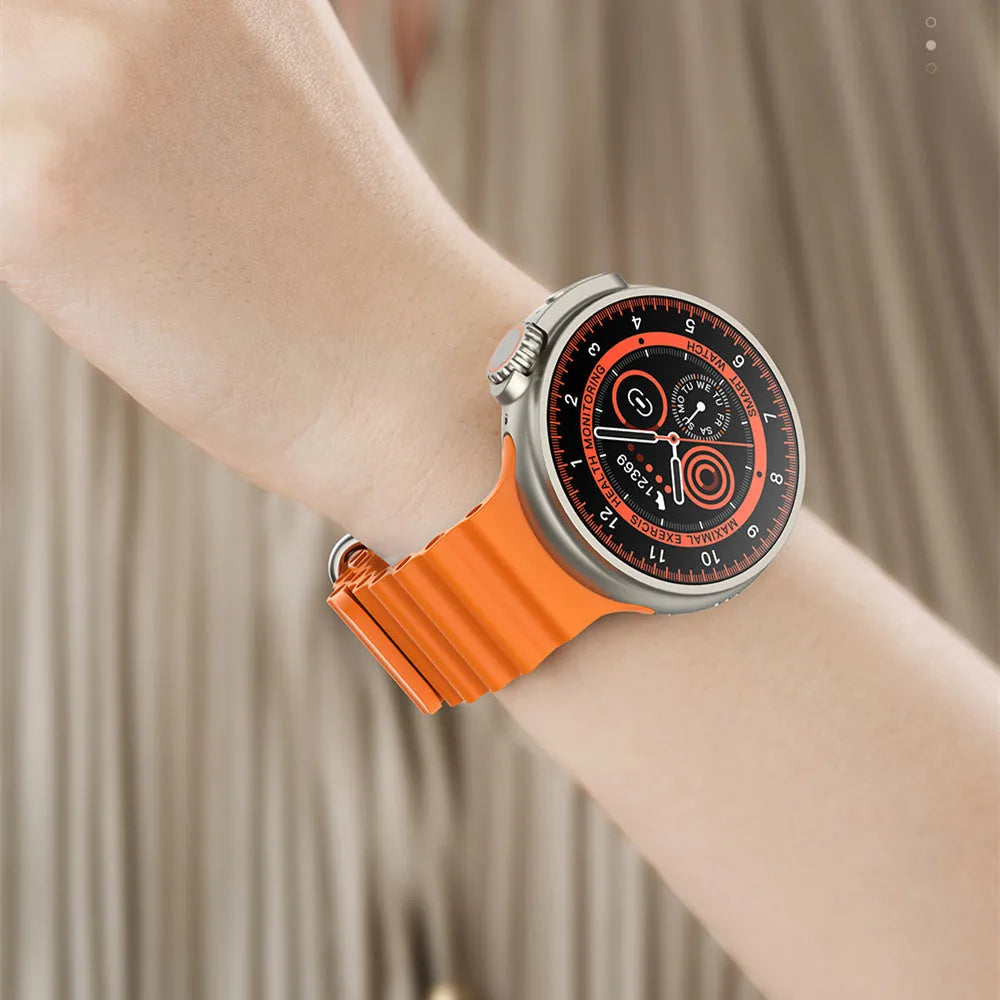 K9 smart watch with round screen and silicone strap shown on wrist