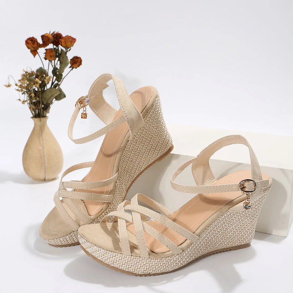 Women's simple wedge sandals with cloth upper and fish mouth toe design in black and white