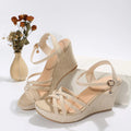 Women's simple wedge sandals with cloth upper and fish mouth toe design in black and white