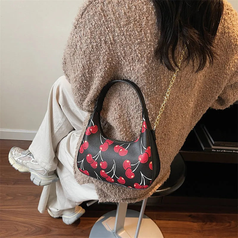 Autumn printed fashion underarm tote bag PU horizontal square with stitching and contrast colour details in black