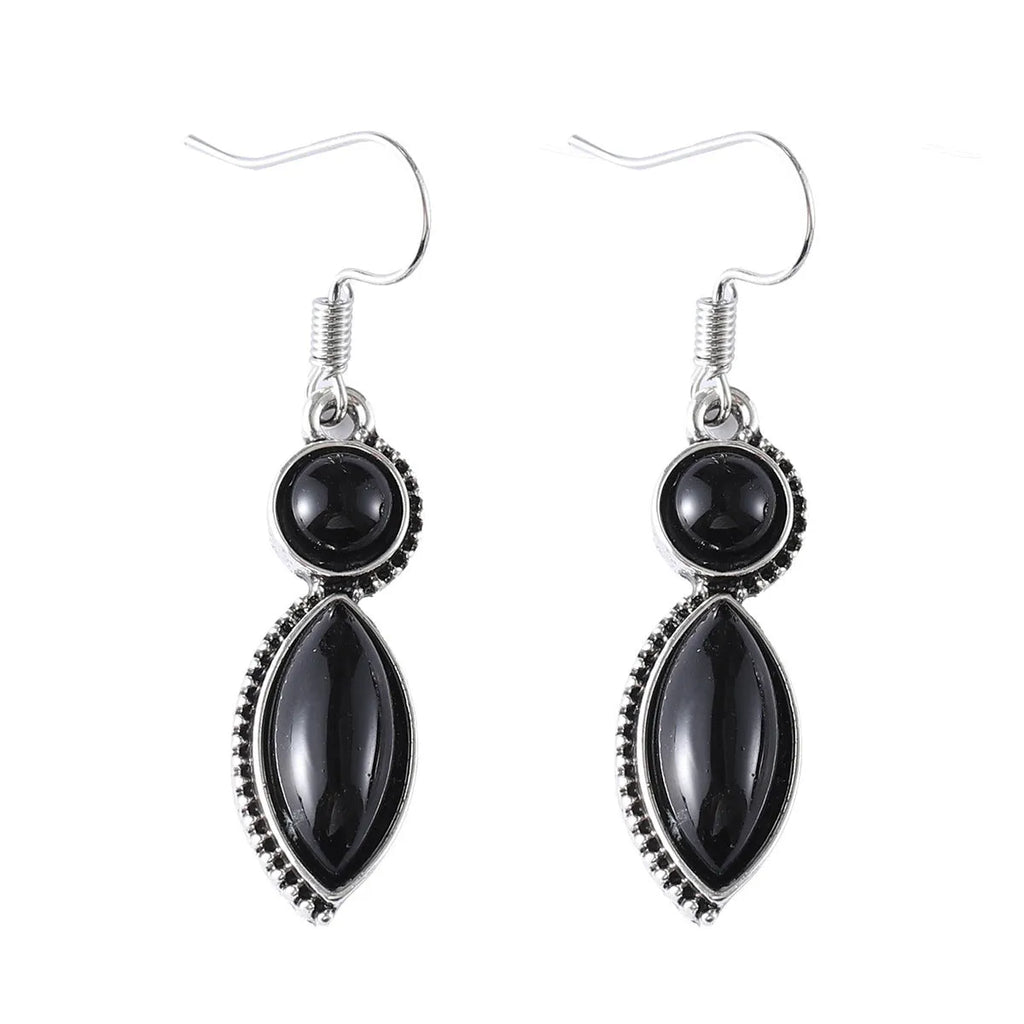 Vintage black and purple gemstone pendant earrings with geometric round design on zinc alloy