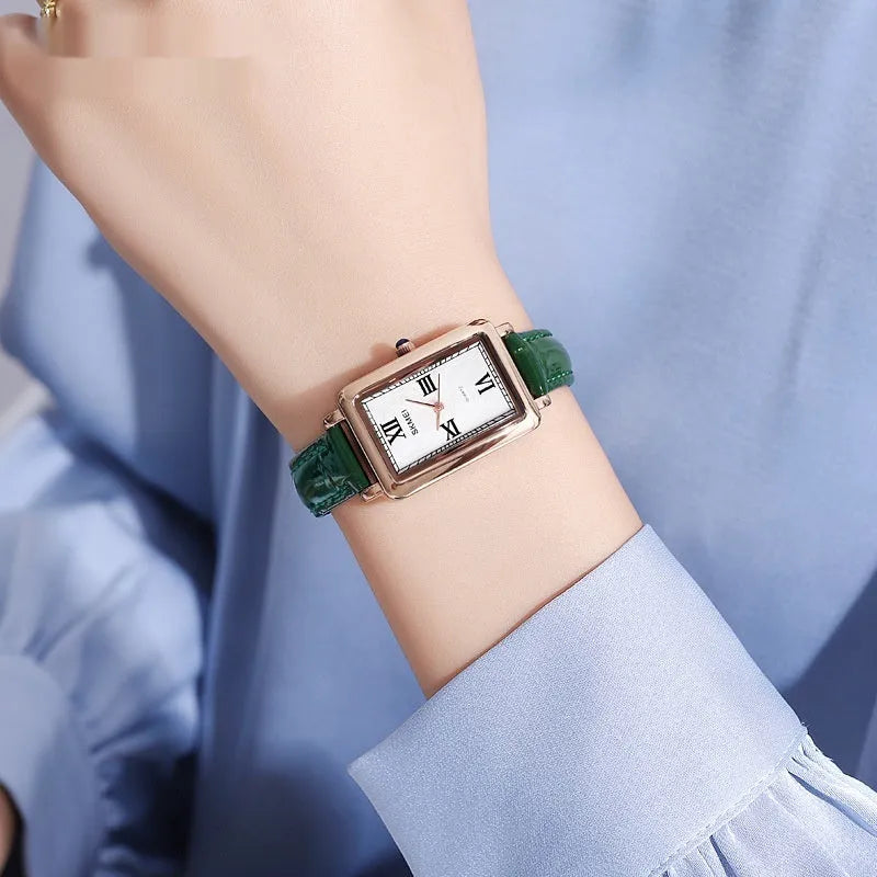 Rectangular retro women's quartz watch rose gold shell case with slim 9mm profile