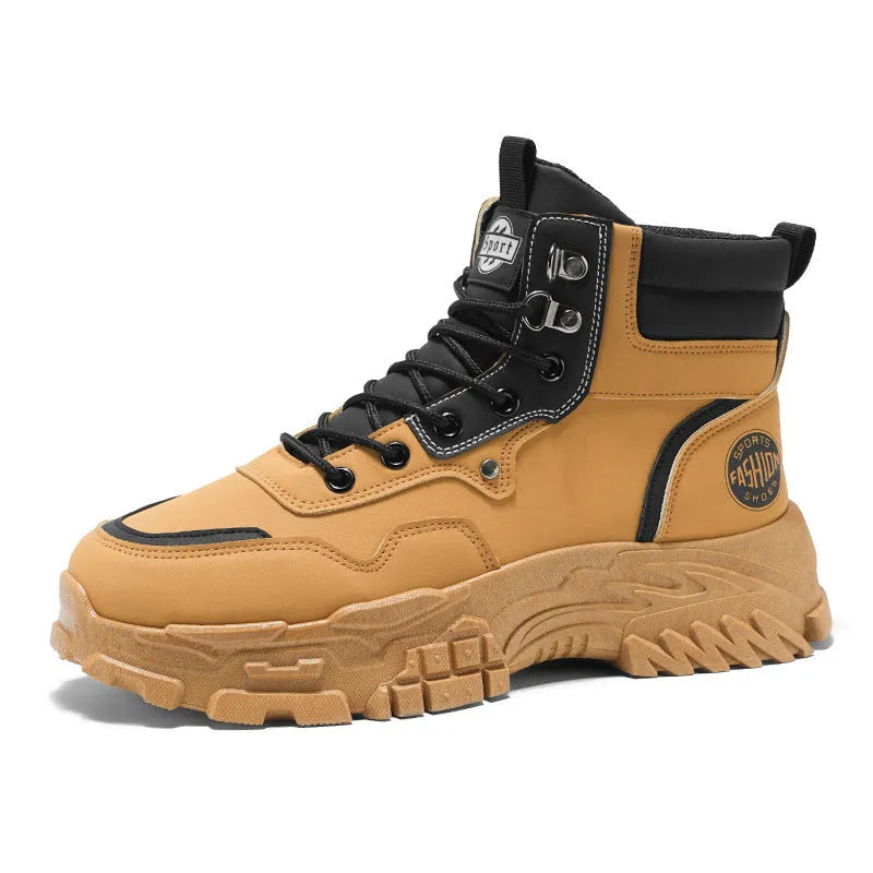 Men's black and yellow Martin boots with high-top design and injection-moulded soles