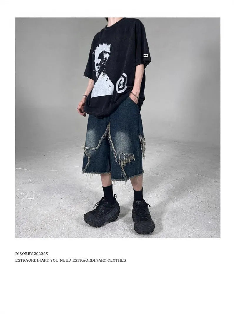 Blue men's denim shorts with frayed hem and five-pointed star patch in retro American style