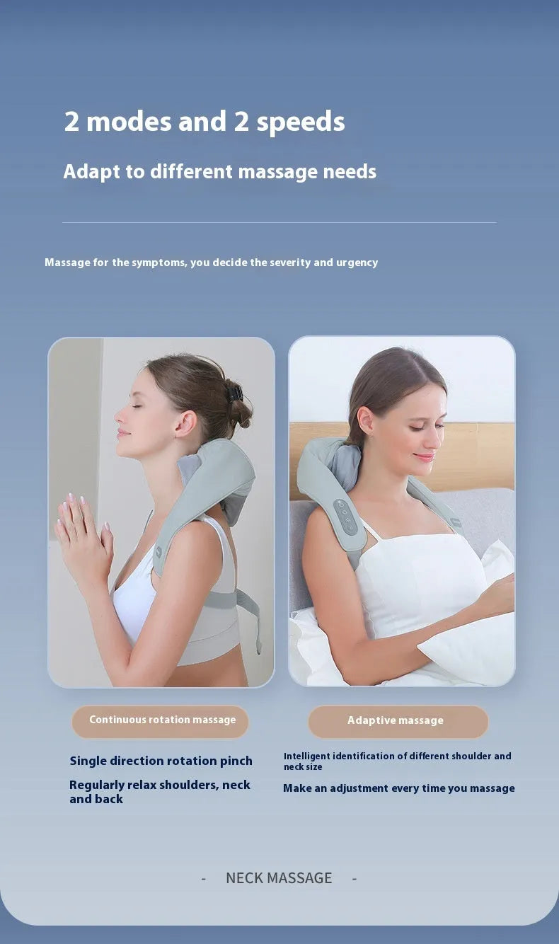 Grey USB-powered neck and back massager with infrared physiotherapy function and dual gear settings