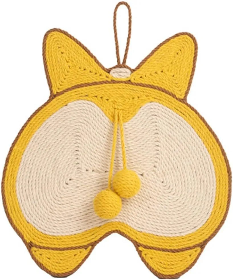Yellow cat scratching board with corgi butt design, made from sisal with anti-slip base