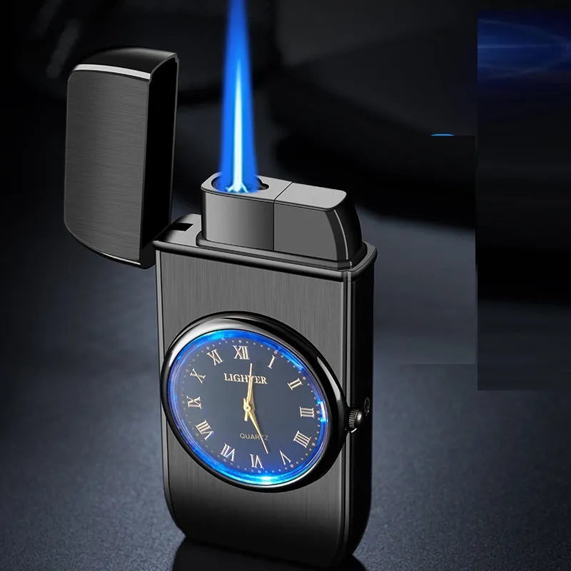 Multifunctional electronic watch and cigarette lighter with LED light in metal body.