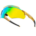 Frameless sports glasses with a single colourful lens for windproof protection during cycling and running.