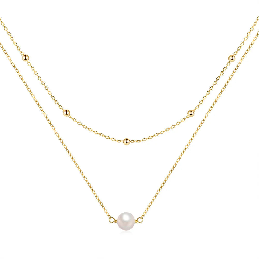 S925 sterling silver double layer necklace with twin pearl elements on ball bead chain