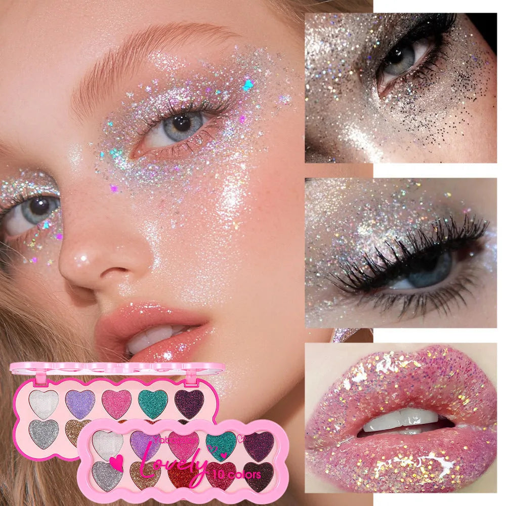 Pearlescent heart ten-colour sequins eye shadow palette showing 10 powder shades