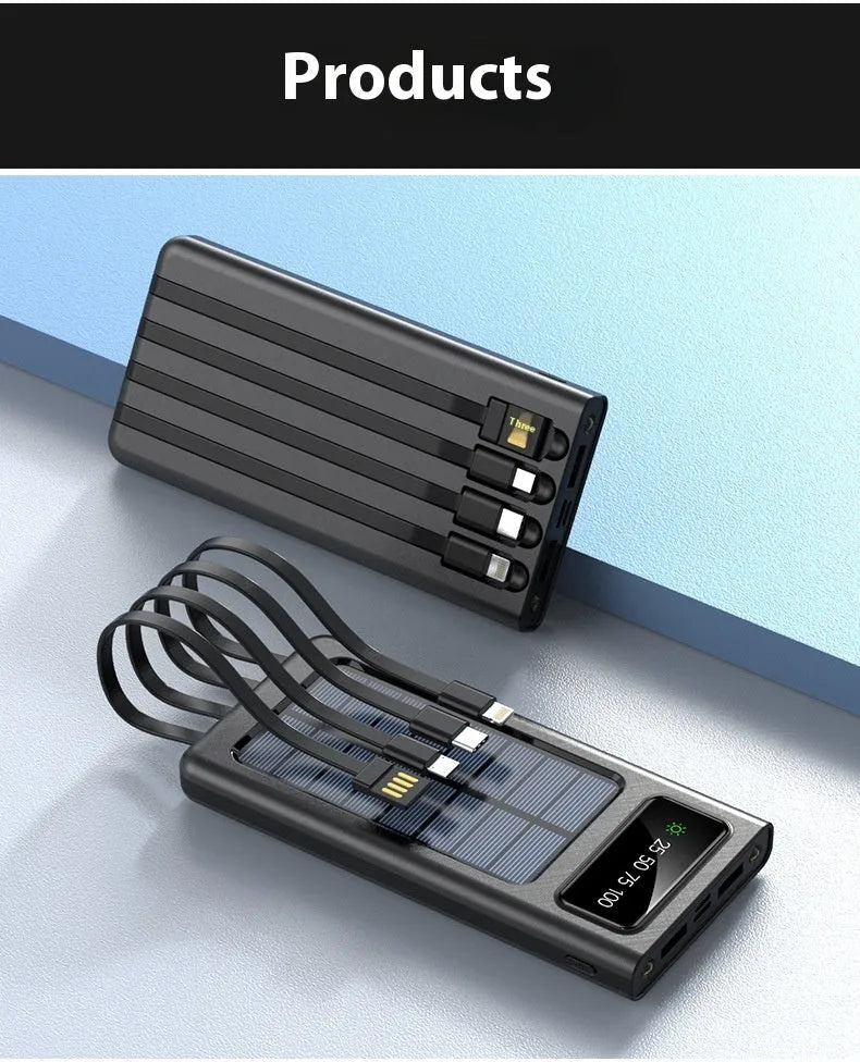 Black and white solar power bank with 20000mAh capacity and charging cable for mobile phones