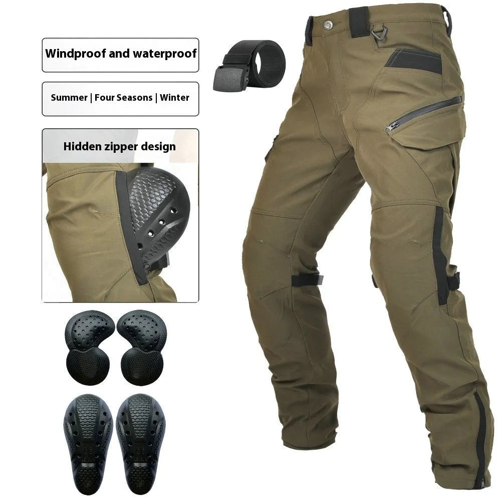 Men's waterproof black cycling trousers with removable protective gear for motorcycle use