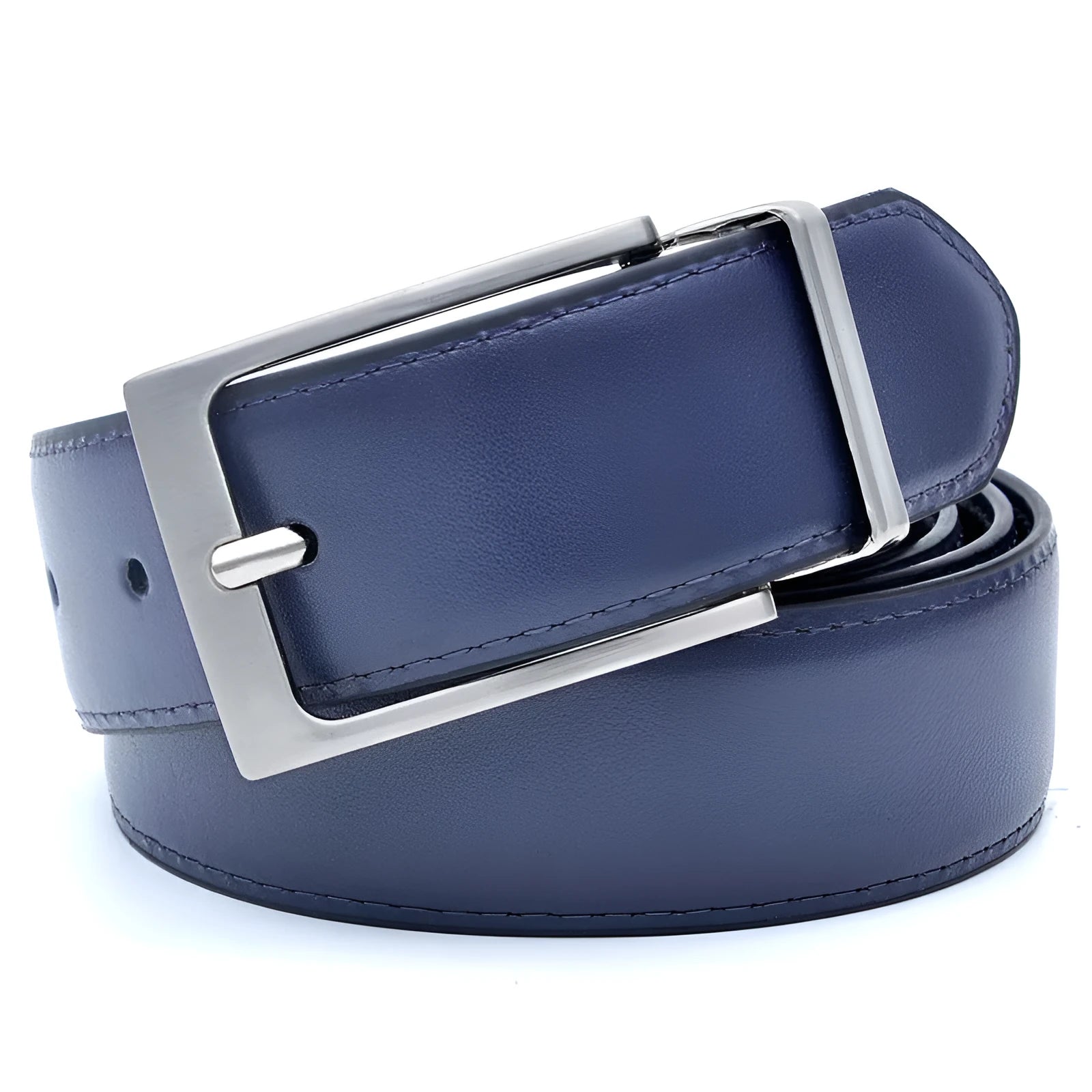 Men's brown and black leather belt with rotating pin buckle shown at 2-4cm width