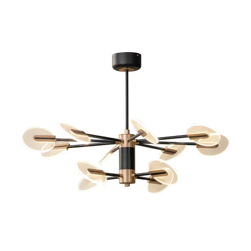 Nordic iron LED chandelier with acrylic elements hanging in a dining room setting
