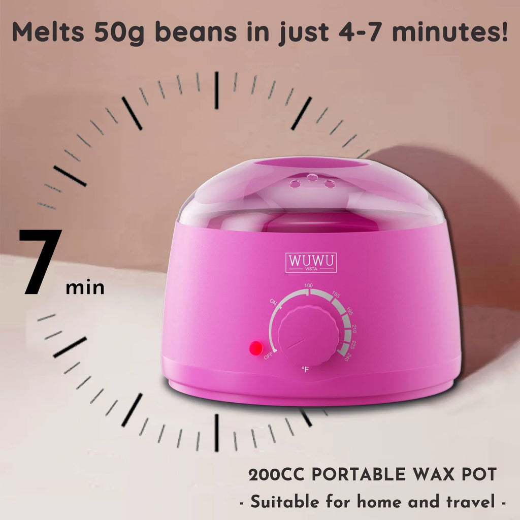 Professional waxing kit with wax warmer, hard wax beans, tools and aftercare products for hair removal