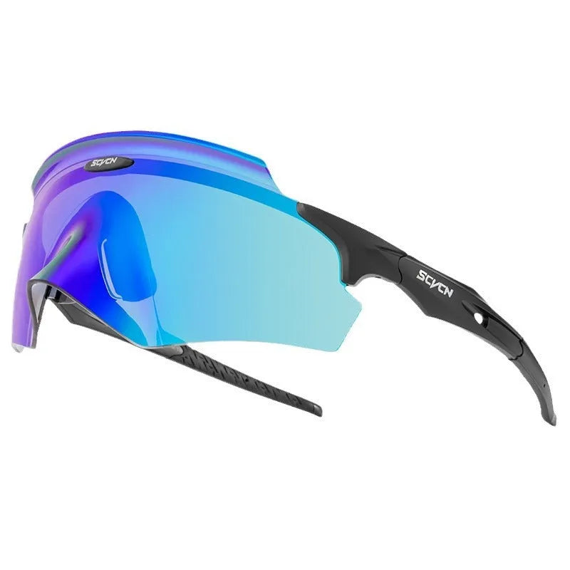 Frameless sports glasses with a single colourful lens for windproof protection during cycling and running.