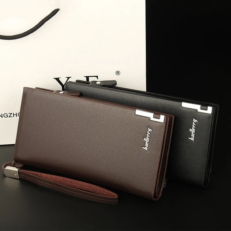 Men's long black PU leather wallet with a prominent zipper closure, shown closed.